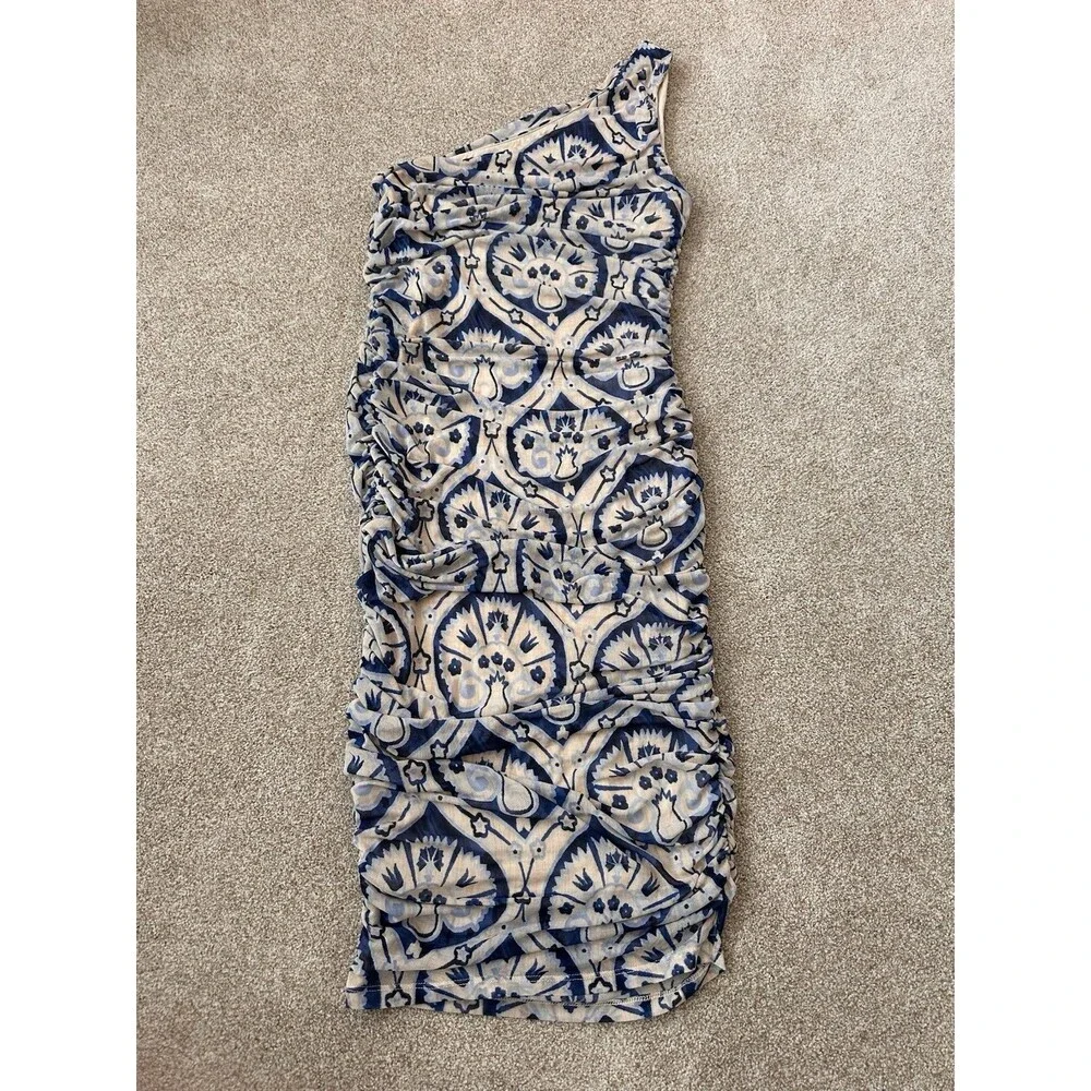House of Harlow 1960 One Shoulder Ruched Midi Dress Blue Cream Print Size Small